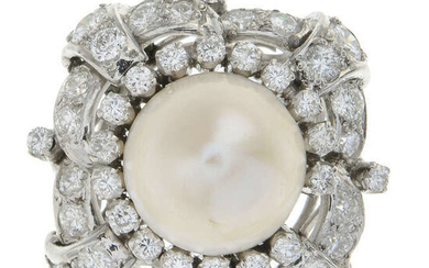 A cultured pearl and brilliant-cut diamond dress ring.
