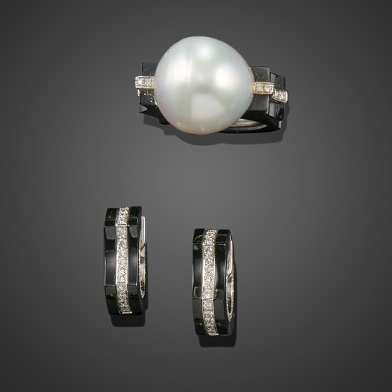 A cultured pearl, diamond and onyx ring with matching earrings