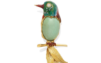 A diamond and turquoise bird brooch