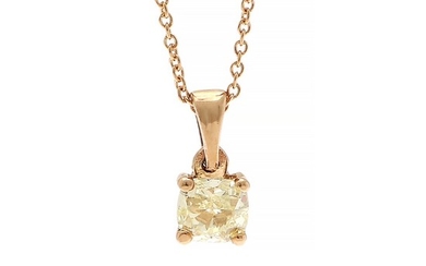 A diamond pendant set with a cushion-cut diamond weighing app. 0.30 ct., mounted in 14k rose gold. Accompanied by necklace of 14k rose gold. (2)