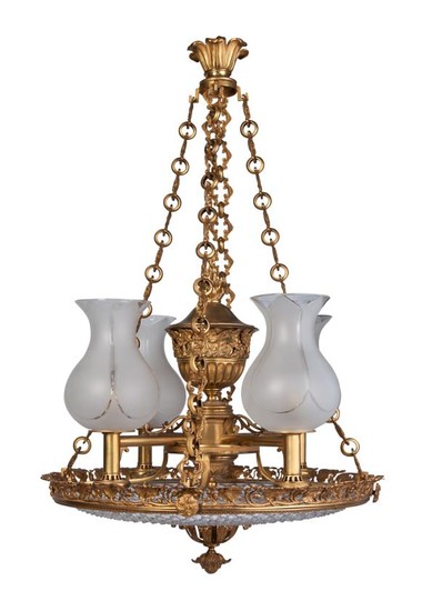 A gilt bronze four light Colza type plafonnier chandelier