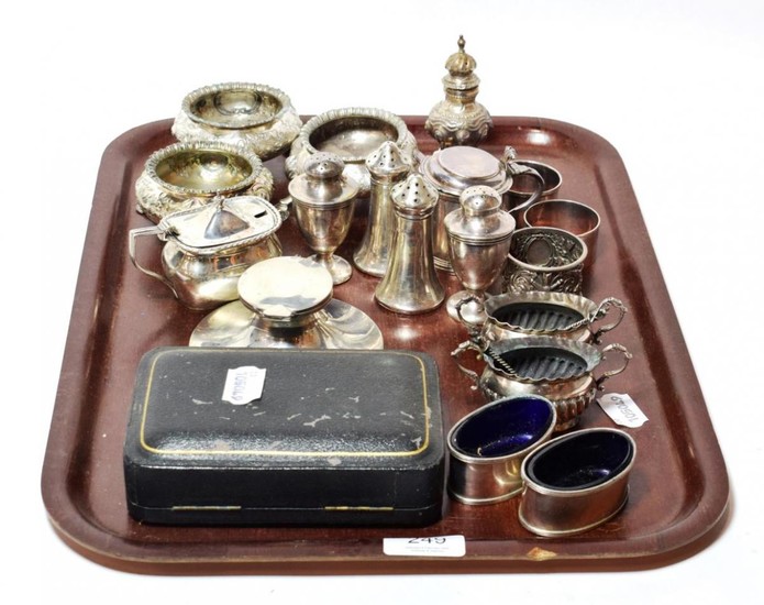 A group of assorted silver condiment and other items, including:...