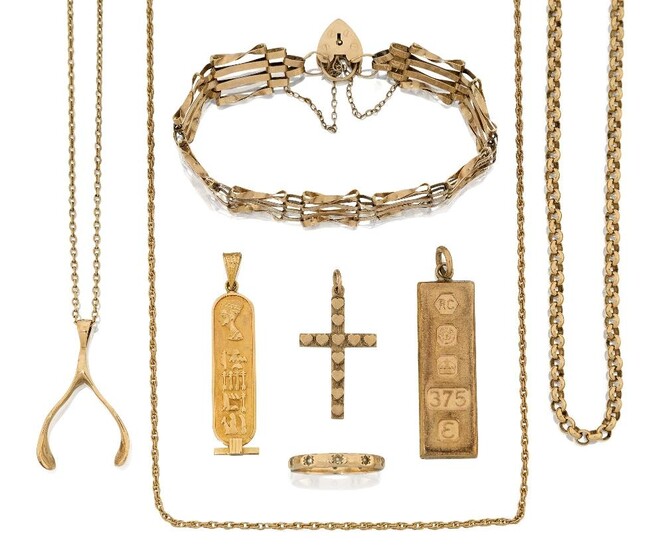 A group of jewellery comprising: a 9ct gold gate link bracelet with heart clasp, approx. length 17cm; a 9ct gold bar pendant, approx. length 5cm; a 9ct gold wishbone pendant, chain stamped 9k, approx. length 70cm; a 9ct gold cross pendant with...