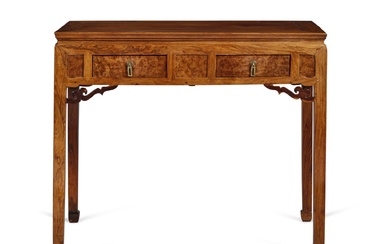 A 'huanghuali', 'huali' and 'huamu' two-drawer desk, 19th / 20th century | 十九 / 二十世紀 黃花梨拼花梨木嵌癭木書桌
