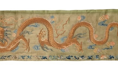 A large imperial green-ground gold-thread 'dragons' embroidered silk wall hanging Qing dynasty, Qianlong - Jiaqing period | 清乾隆至嘉慶 湖水綠緞繡金雲龍紋掛幅