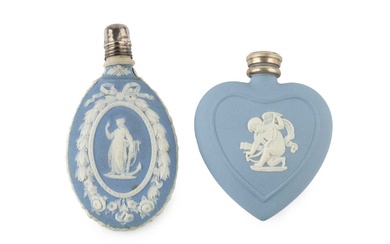 A late 19th century blue jasperware scent bottle, of oval...