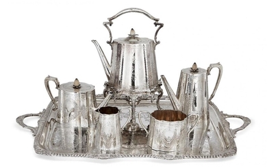 A matched Victorian silver six-piece tea set, London, c.1883, Charles Boyton and Sheffield, c.1877 Fenton Brothers, together with a similarly designed silver plated tray, the matched set comprising a tea pot, coffee pot, sugar and milk jug by C...