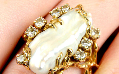 A mid 20th century 14ct gold baroque cultured pearl and brilliant-cut diamond ring.