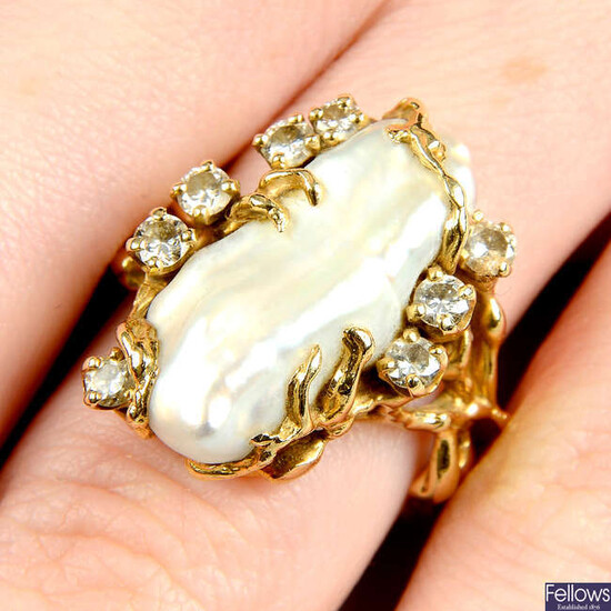 A mid 20th century 14ct gold baroque cultured pearl and brilliant-cut diamond ring.