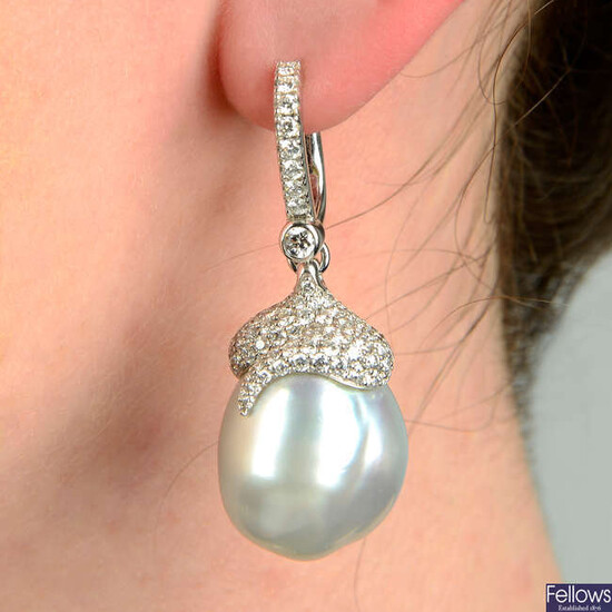 A pair of 18ct gold South Sea baroque cultured pearl and diamond earrings, by Mikimoto.