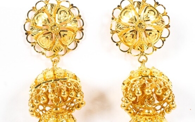 A pair of 20th century unmarked yellow metal chandelier earrings of pierced and wire work design
