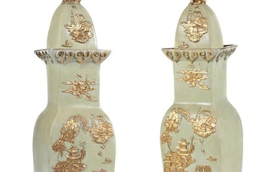A pair of English Ironstone pale-green ground rectangular section chinoiserie vases and domed covers