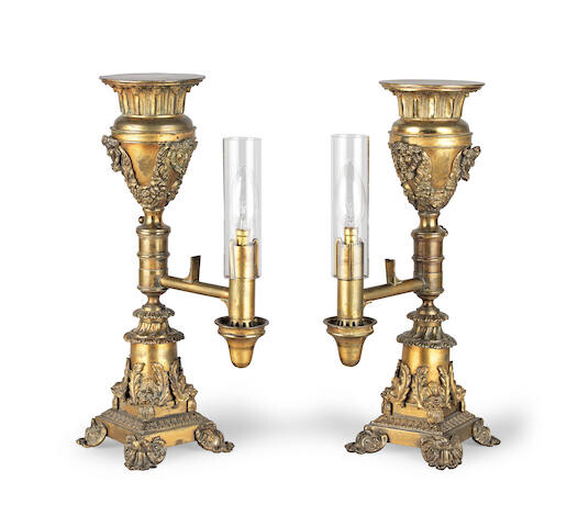 A pair of George IV gilt bronze colza oil lamps