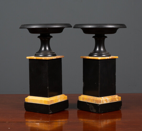 A pair of Victorian turned black slate and marble tazza...