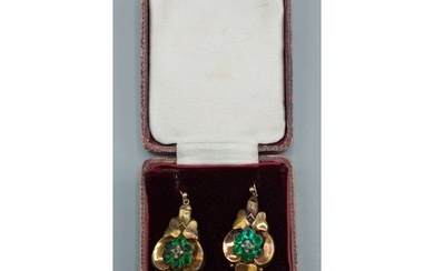 A pair of Victorian yellow metal drop earrings, each set wit...