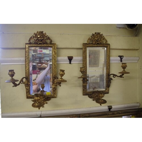 A pair of cast brass three branch girandole mirrors, 48cm hi...