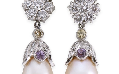 A pair of cultured pearl and diamond drop earrings...