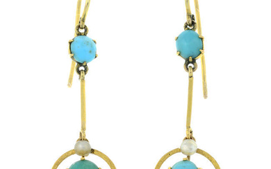 A pair of early 20th century gold turquoise and seed pearl drop earrings.