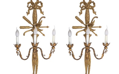 A pair of gilt wood wall lamps. 20th C