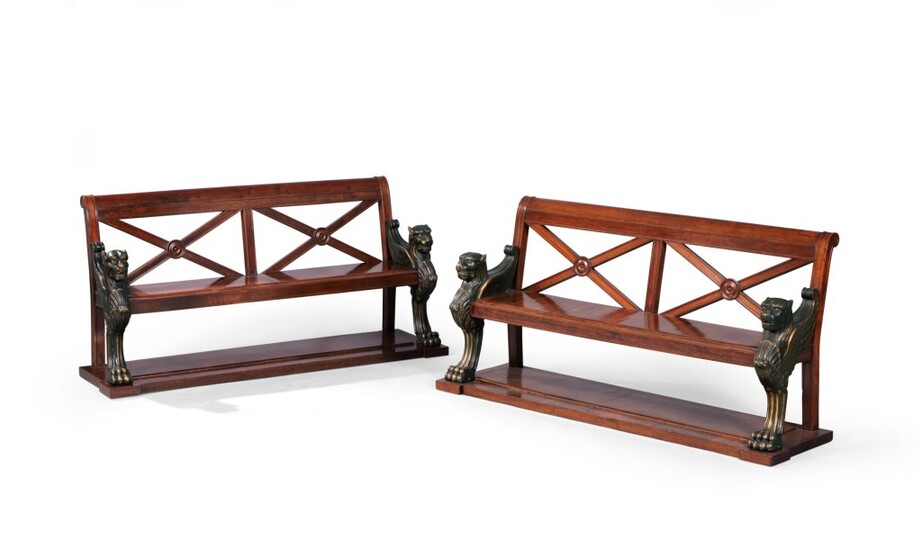 A pair of mahogany and patinated wood snoocker benches, Empire, attributed to Jacob Desmalter (1770 – 1841) | Paire de bancs de billards en acajou et bois patiné d'époque Empire, attribués à Jacob Desmalter (1770 – 1841)