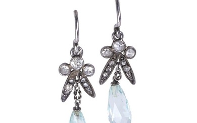 A pair of old cut diamond and aquamarine drop earrings