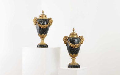 A pair of ormolu and marble cassolettes