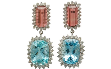 A pair of pink tourmaline, aquamarine and diamond earrings