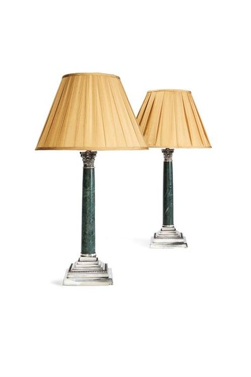 A pair of silver plated and green marble mounted columnar table lamps, second half 20th century