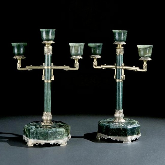 A pair of three-light jade candelabra, '20s