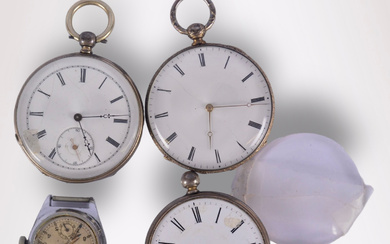 A pocket watch and wristwatch, 4 pieces, including silver, 18/1900's.