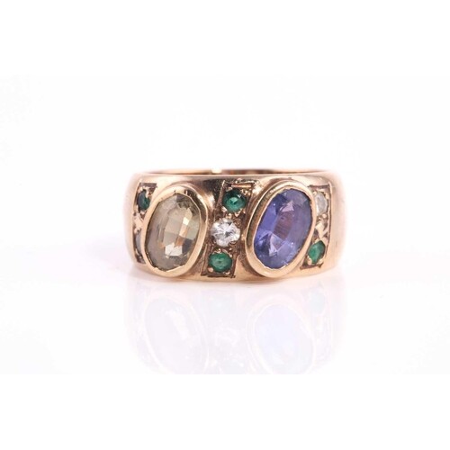A sapphire, peridot, diamond and emerald bombe style ring, c...