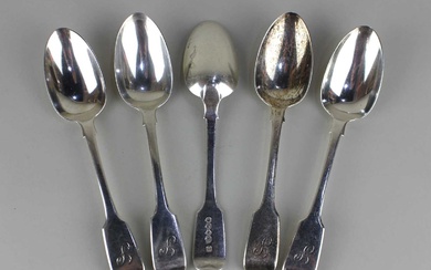 A set of Victorian silver five fiddle pattern dessert spoons
