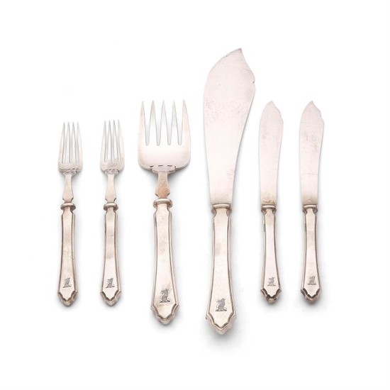 A set of twelve silver Pembury pattern fish knives and forks with a pair of servers by Mappin & Webb