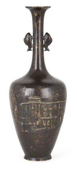 A small Japanese bronze vase, late 19th century, with a depiction of a European-style building to the body, double fish to elongated neck, inscription to back, 19cm high