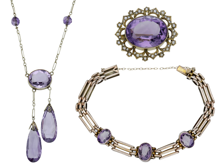 A small collection of early 20th century amethyst jewellery, comprising an amethyst...