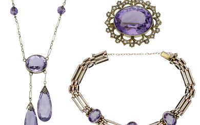 A small collection of early 20th century amethyst jewellery, comprising an amethyst...