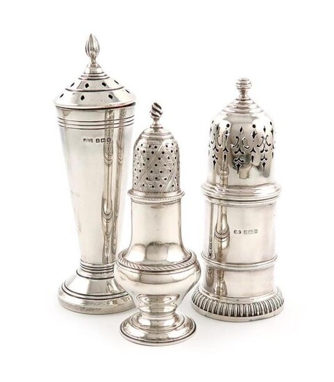 A small mixed lot of three silver casters, comprising: a George III pepper pot, by Samuel Woods, London 1763, baluster form, rope-work border, with an associated pierced pull off cover, by T. Daniell, plus a sugar caster of lighthouse form, by William...