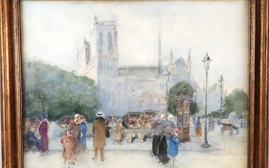 ACOQUAT Louise-Marie (1879-1939) : Paris, Notre-Dame, les bouquinistes. Aquarelle signée. 51 x 59