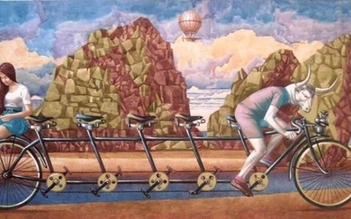 ALEKSANDR ANOKHIN (Ukrainian) 'Bicycle ride', oil on canvas, 58cm...