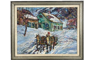 AMERICAN SCHOOL (20th Century,), Impressionist-style winter scene., Oil on masonite, 14" x 18".