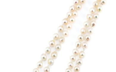 AN AKOYA BAROQUE PEARL NECKLACE; composed of 84 cultured pearls, 7.5 - 8mm round with good colour and lustre, length 90cm.
