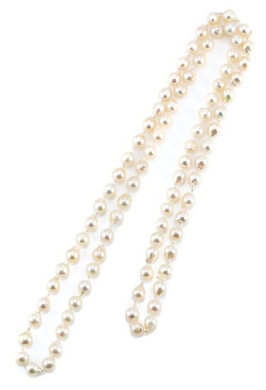 AN AKOYA BAROQUE PEARL NECKLACE; composed of 84 cultured pearls, 7.5 - 8mm round with good colour and lustre, length 90cm.