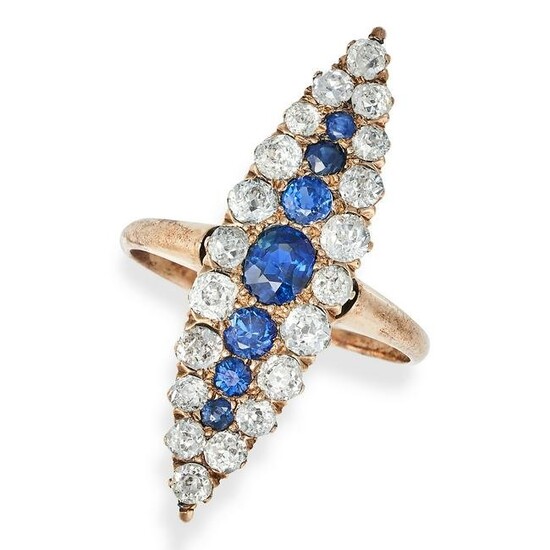 AN ANTIQUE SAPPHIRE AND DIAMOND NAVETTE RING in 15ct yellow gold, set with a row of graduated round