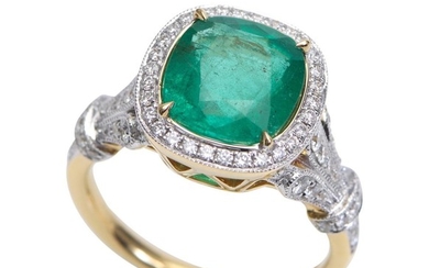 AN EMERALD AND DIAMOND RING-Featuring a cushion cut emerald weighing 3.09cts, with diamonds set to the surround and shoulders totall...