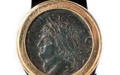 ANCIENT BRONZE ROMAN COIN & 18K YG SIGNET RING