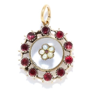 ANTIQUE GARNET, PEARL AND ROCK CRYSTAL PENDANT in high