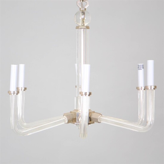 ART DECO STYLE SILVERPLATE AND GLASS SIX-LIGHT CHANDELIER