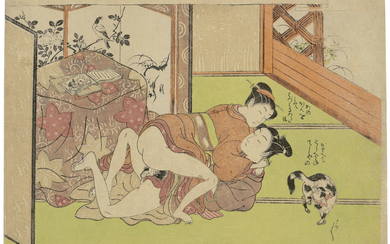 ATTRIBUTED TO SUZUKI HARUNOBU (1725?-1770), An amorous couple in an interior with a cat