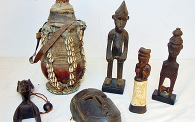 African lot, carved figures, masks, shell decorated Ethiopian gourd shaped vessel with lid, Senufo