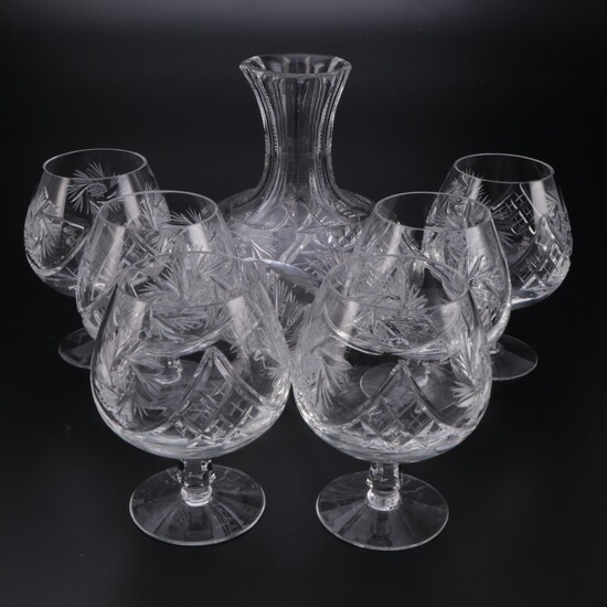 American Brilliant Cut Glass Decanter and Brandy Sniffers, Early to Mid 20th C.